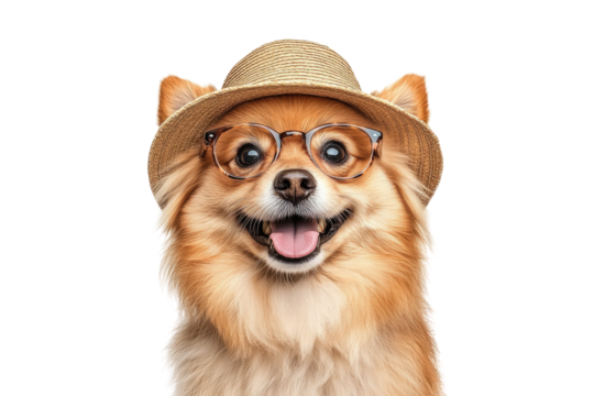 Pomeranian wearing straw hat and glasses isolated on white or transparent PNG