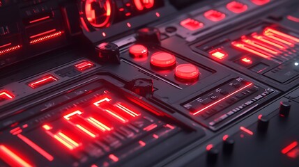 Close-up of a sound mixer with glowing red lights