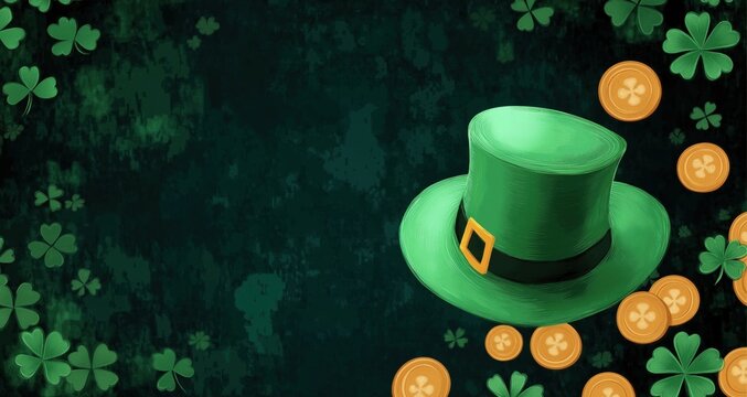 St. Patrick's Day themed green background with hat and copy  space for text
