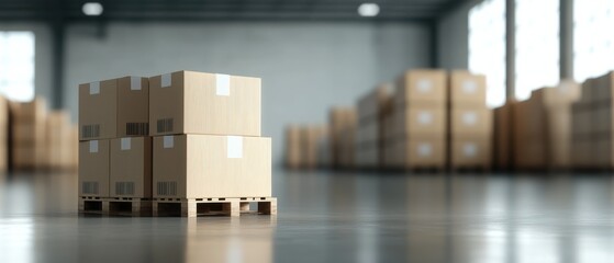 A stack of cardboard boxes on a pallet in a spacious warehouse, showcasing organized storage and inventory management.