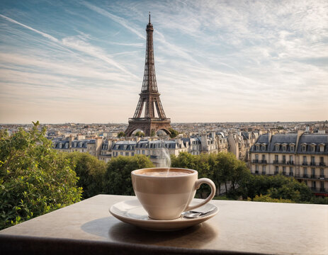 Cup of coffee on the table with view of Eiffel tower in Paris, France