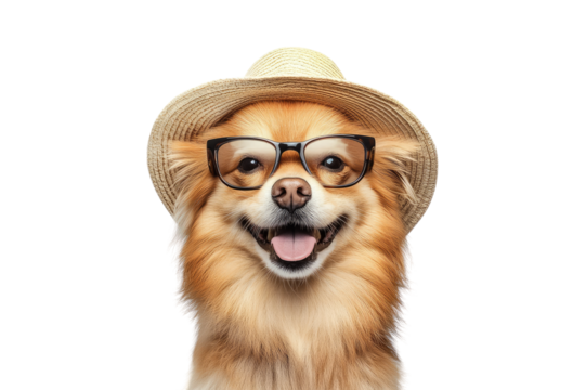 Pomeranian wearing straw hat and glasses isolated on white or transparent PNG