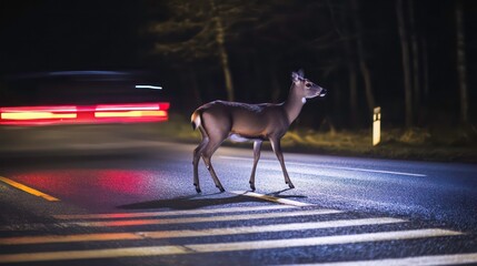 Wildlife hazard deer crossing road at night in front of moving vehicle road safety concern