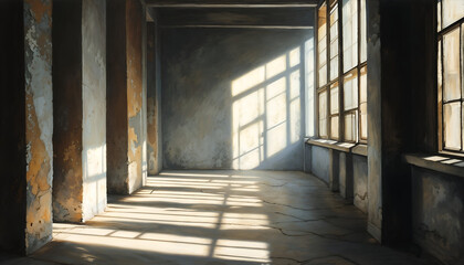 Sunbeams in Derelict Hallway: Sunlight streams through the grimy windows of an abandoned hallway, illuminating dust motes dancing in the beams.