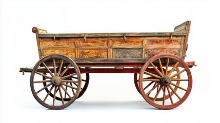 Fototapeta premium Vintage Wooden Wagon: A weathered, antique wooden wagon with red and yellow accents, featuring four sturdy wheels and a spacious wooden body.