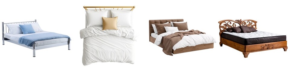 Furniture isolated collection. Four distinct bed designs showcasing various styles and colors, ideal for home decor inspiration and furniture selection.