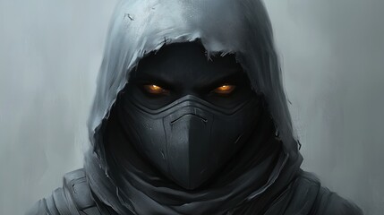 Dark hooded figure with glowing yellow eyes and mask