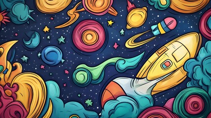 Colorful Cartoon Rocket Soaring Through Space Among Planets and Stars