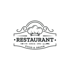 Chef and restaurant simple retro logo design with chefs hat, fork and knife. Restaurant logo template.