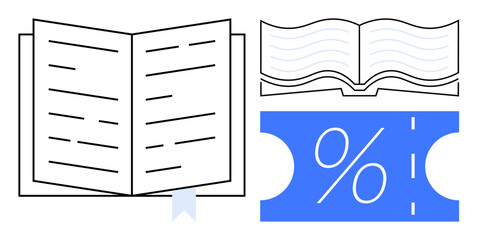 Open book with text lines, blue discount coupon with percentage sign, and an outline of book pages. Ideal for education, reading promotion, literature, book sales, learning, discounts library