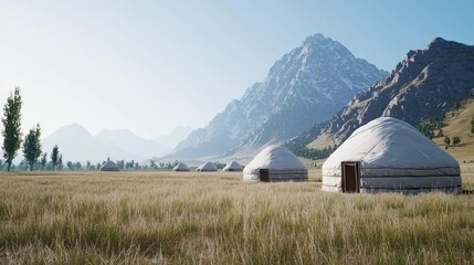 Yurts on Grassland with Mountain View
