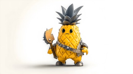 Naklejka premium Fruit, character and modern concept: Pineapple warrior, tropical forest battleground.