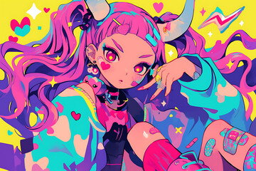 Colorful anime character with vibrant hair and accessories, posing confidently against a bright background
