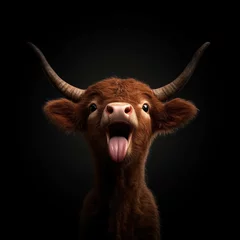 Keuken achterwand Schotse hooglander Cheeky Highland Cow Sticking Tongue Out on Black Background - Humorous Animal Portrait  © Tuong