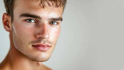 Fototapeta premium Closeup photoshoot of handsome man with beard and clear fresh skin. Advertising concept of healthy lifestyle, self-care, dermatology and skincare for men