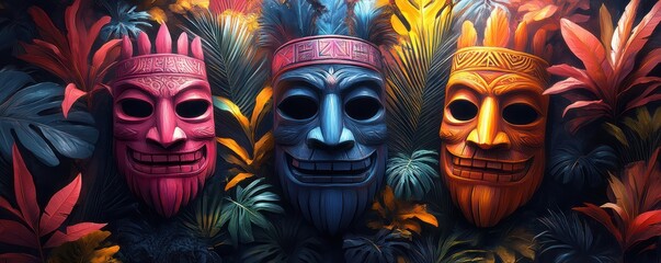 Obraz premium Vibrant Tribal Masks Amidst Lush Tropical Foliage