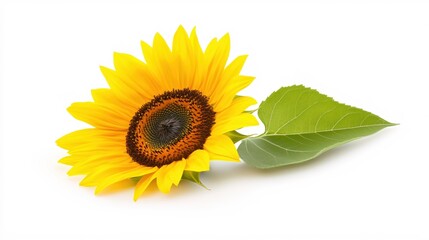 Obraz premium Bright and Cheerful Sunflower with Leaf Isolated on White Background