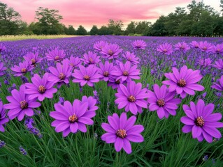 Obraz premium Serene Lavender Field at Dusk with Vibrant Wildflowers and Pink Sky Horizon