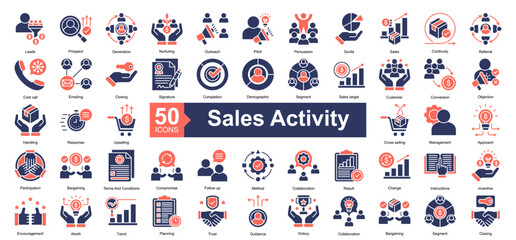 Sales Activity Icon Collection Set.Containing Leads, Prospect, Generation, Nurturing, Outreach, Pitch, Persuasion, Quota icon. Simple dual tone style Vector Illustration.	