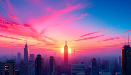 Fototapeta premium Sunset Serenity: A Digital Cityscape Awash in Warm Evening Tones