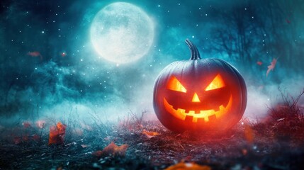 Spooky Halloween Pumpkin Under a Full Moon