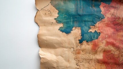 Ancient Map: A weathered parchment map, its surface marked with faded ink and intricate details,  hints at adventures waiting to be discovered.  The colors suggest a journey across ancient lands.