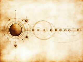 Celestial mechanics diagram artistic representation abstract art vintage style aerial view cosmic exploration
