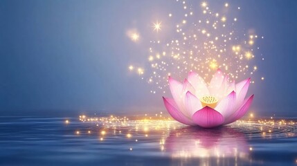 Fototapeta premium Beautiful Pink Lotus Flower Floating on Calm Water with Magical Sparkles All Around