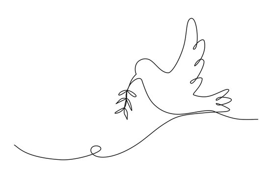 recommend clip art: White dove flying gracefully with an olive branch in its beak representing peace and freedom, Continuous one line vector illustration hand drawn, Editable stroke