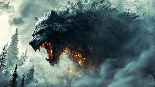 Mythical wolf emerging from smoky forest landscape