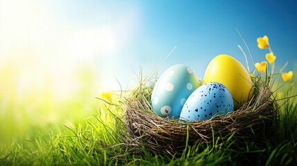 Obraz premium Colorful Easter Eggs Nestled in a Grass Nest Under a Bright Blue Sky