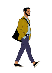 Business man walking colored outline drawing. Handsome guy in casual clothes with bag side view. Vector illustration isolated