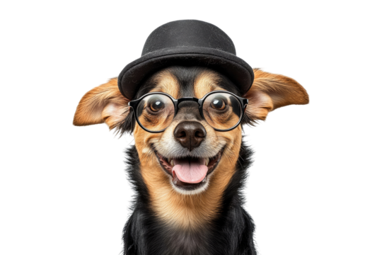 Chihuahua wearing black hat and glasses isolated on white or transparent PNG
