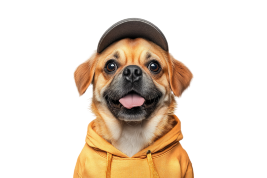 Pug wearing hoodie and cap isolated on white or transparent PNG