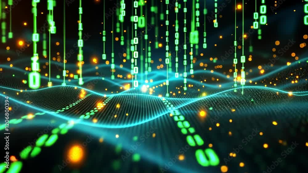 Poster futuristic digital data stream with glowing numbers and wave patterns