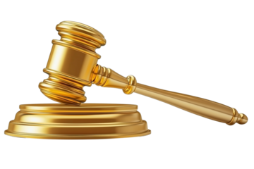 Golden judge gavel and soundboard isolated on transparent background