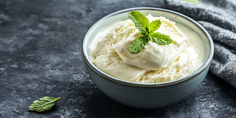 Creamy vanilla ice cream served in a bowl with fresh mint leaves on a textured surface