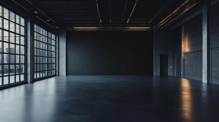a dark, empty room with a modern, industrial design. The walls, ceiling, and floor are all black or dark gray, giving the space a sleek and minimalist appearance