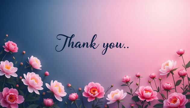 Thank You text surrounded by pink flowers on gradient background for appreciation design - Powered by Adobe