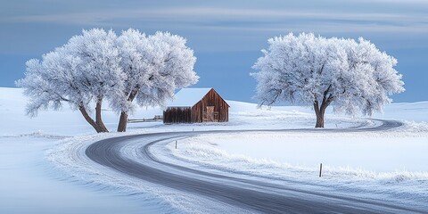 Obraz premium Snowy landscape with frosted trees and a rustic barn on a winding road.