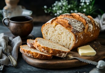 Crusty sourdough bread loaf sliced on wooden board with butter and coffee.