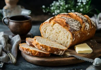 Fotobehang Crusty sourdough bread loaf sliced on wooden board with butter and coffee. © adri