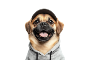 Pug wearing hoodie and cap isolated on white or transparent PNG