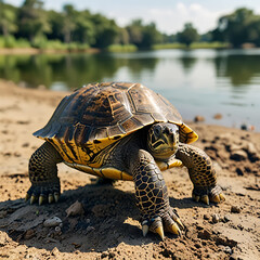 A turtle is walking on the sand.