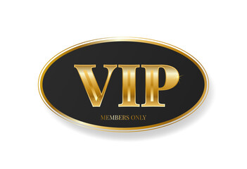 Elegant golden VIP text element with premium shine effect. Black sticker on transparent background. Vector illustration