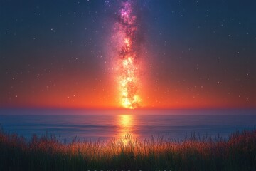 Obraz premium Tranquil Meadow at Night with Star-filled Sky and Lingering Mist