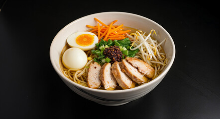 pasta with meat, egg and vegetables, healthy food. Generative AI