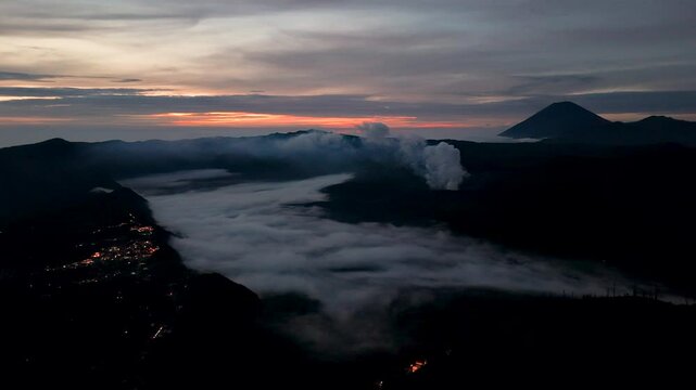 active, adventure, aerial landscape, aerial view, asia, bromo, bromo volcano, cloud, cloudy, destination, drone, east java, eruption, fog, hiking, indonesia, island, java, landmark, landscape, light, 