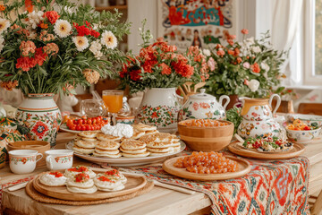 A rustic, festive table setting for Maslenitsa, featuring traditional Russian foods like blini and kvass, surrounded by vibrant decorations, warm lighting, and authentic Russian drinkware.