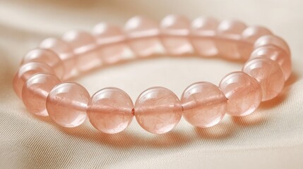 A gemstone bracelet made of polished rose quartz beads on a neutral fabric.